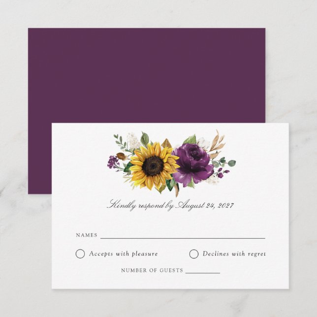 Sunflowers Purple Violet Greenery Wedding RSVP  Invitation (Front/Back)