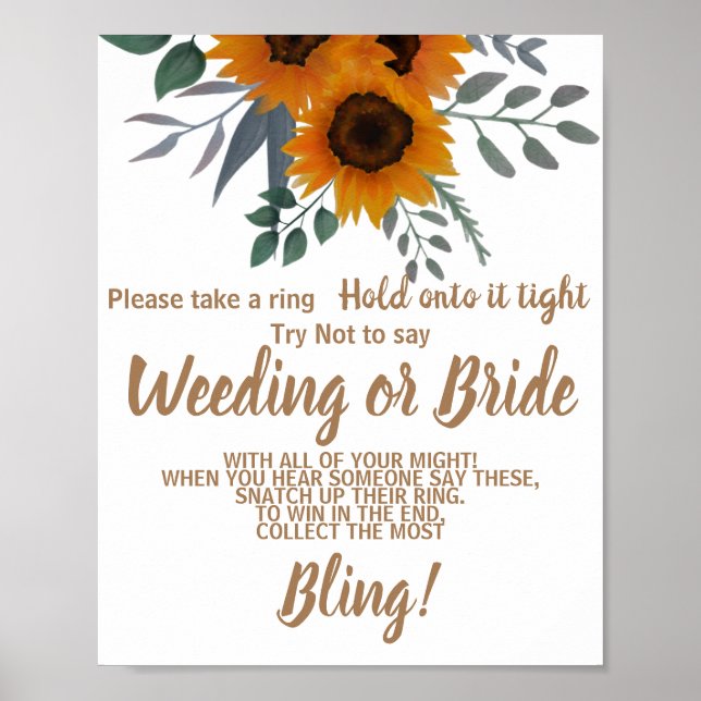 Sunflowers Put a Ring on Bridal Shower Game Sign (Front)