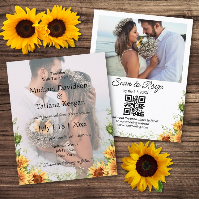 sunflowers qr code 2 photos wedding invitation  (Creator Uploaded)
