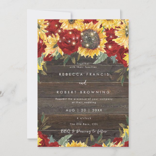 sunflowers red roses  barn wedding invitation (Front)
