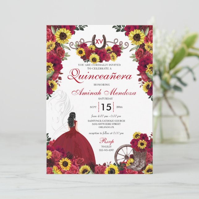 Sunflowers Red Roses Cowgirl Western Quinceanera Invitation (Standing Front)