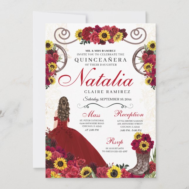 Sunflowers Red Roses Cowgirl Western Quinceanera Invitation (Front)