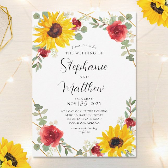 Sunflowers Red Roses Geometric Botanical Wedding Invitation (Creator Uploaded)