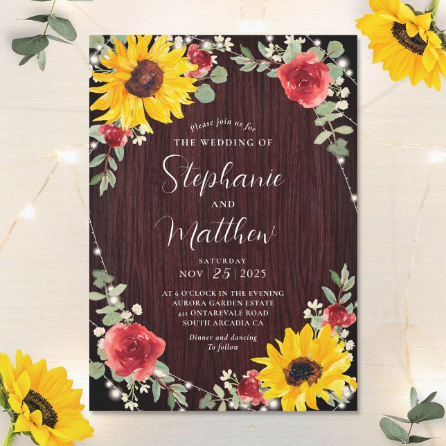 Sunflowers Red Roses Lights Wood Wedding Invitation (Creator Uploaded)