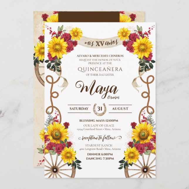 Sunflowers & Red Roses Rustic Charro Quinceanera Invitation (Front/Back)