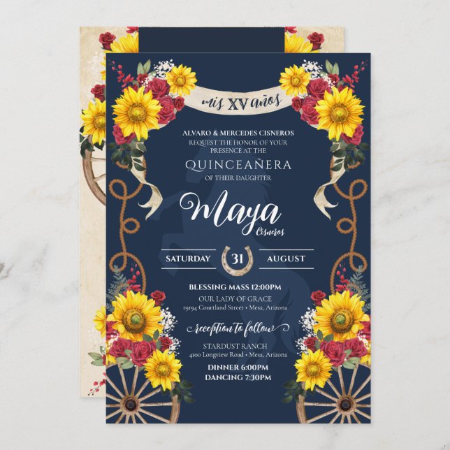 Sunflowers & Red Roses Rustic Charro Quinceanera Invitation (Front/Back)