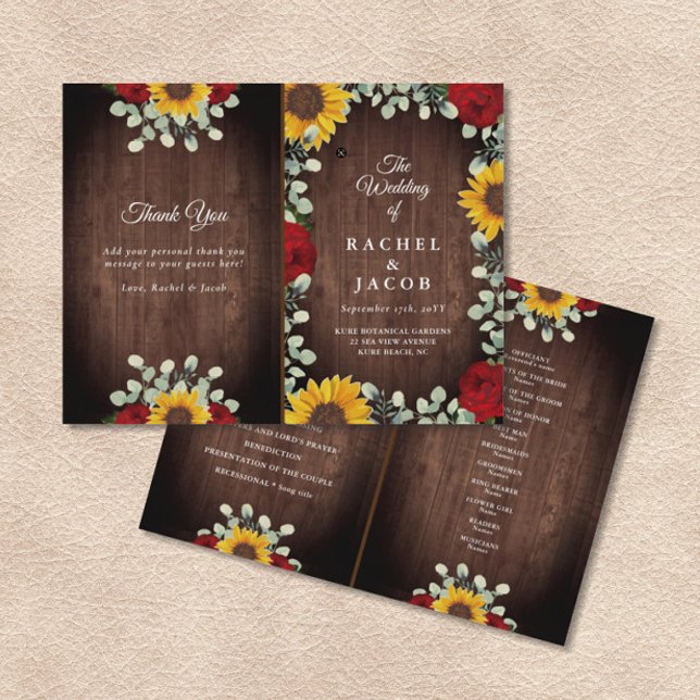 Sunflowers Red Roses Rustic Folded Wedding Program (Rustic Sunflowers Red Roses and Eucalyptus Greenery on Dark Wood Folded Wedding Program)
