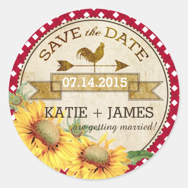 Sunflowers Rooster Rustic Save the Date Label (Front)