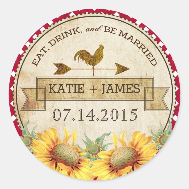 Sunflowers Rooster Rustic Wedding Label (Front)