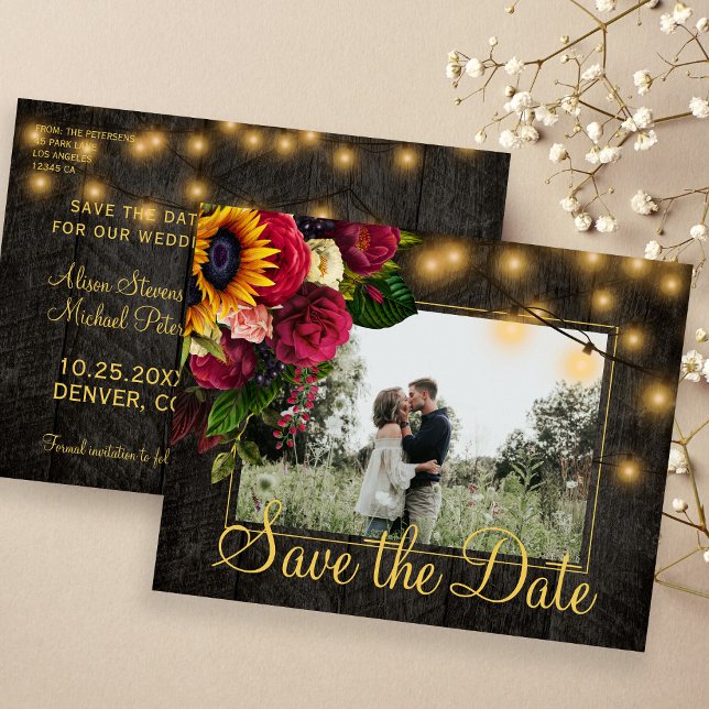 Sunflowers roses barn wood save the date wedding announcement postcard (Creator Uploaded)