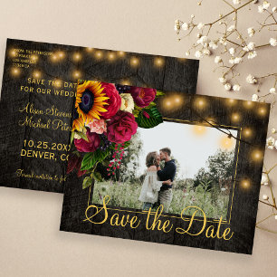 Sunflowers roses barn wood save the date wedding announcement postcard