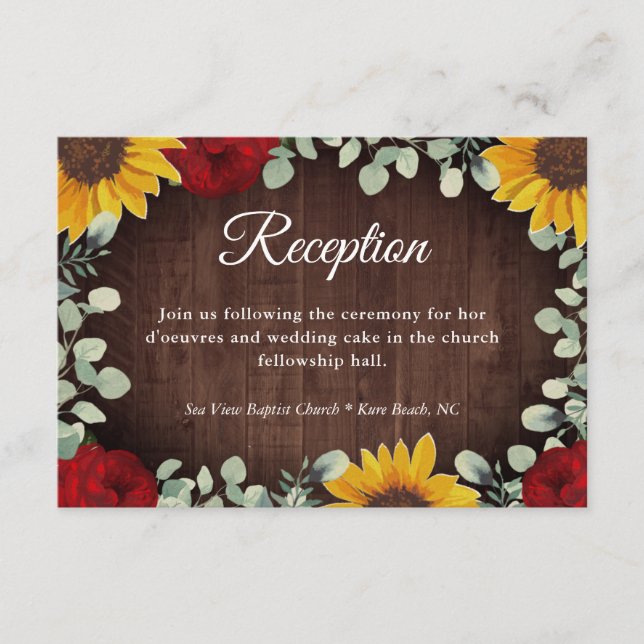 Sunflowers Roses Eucalyptus Wood Wedding Reception Enclosure Card (Front)