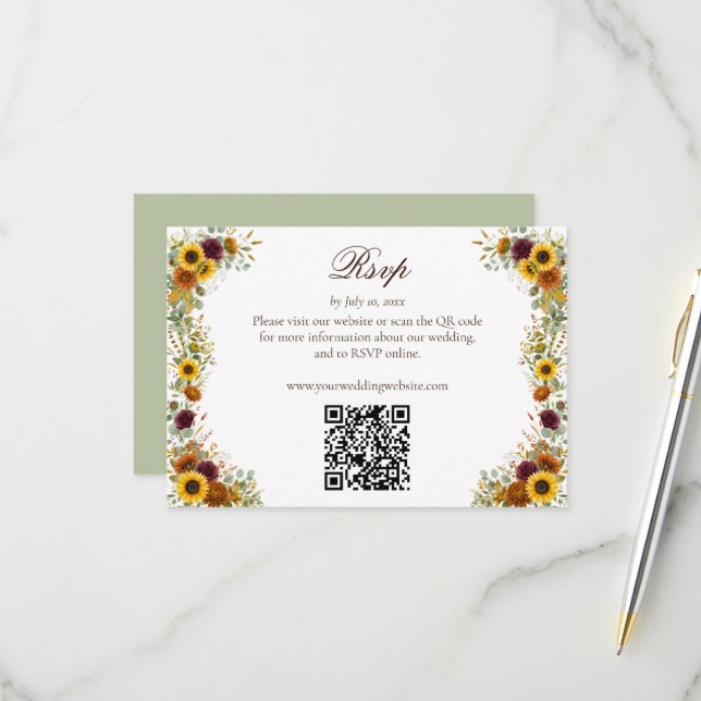 Sunflowers Roses Rust Fall Wedding Website QR Code RSVP Card (Front/Back In Situ)