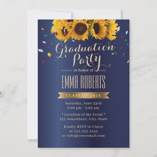 Sunflowers Royal Blue Confetti Graduation Party Invitation (Front)