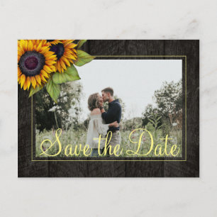 Sunflowers rustic barn wood save the date wedding announcement postcard