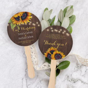 Sunflowers rustic brown barn wood wedding favour hand fan
