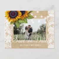 Sunflowers rustic burlap lace save date wedding