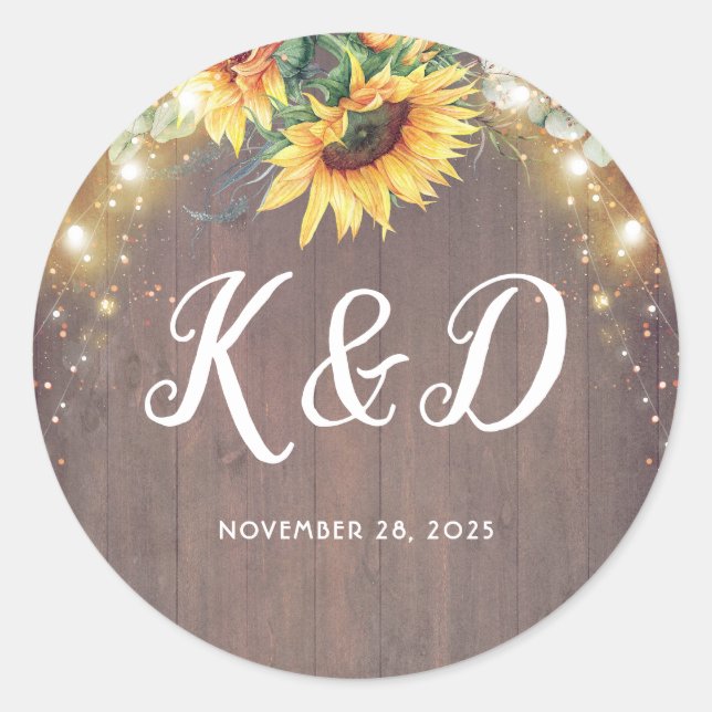 Sunflowers Rustic Country String Lights Wedding Classic Round Sticker (Front)