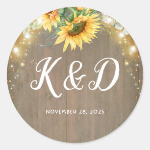 Sunflowers Rustic Country String Lights Wedding Classic Round Sticker