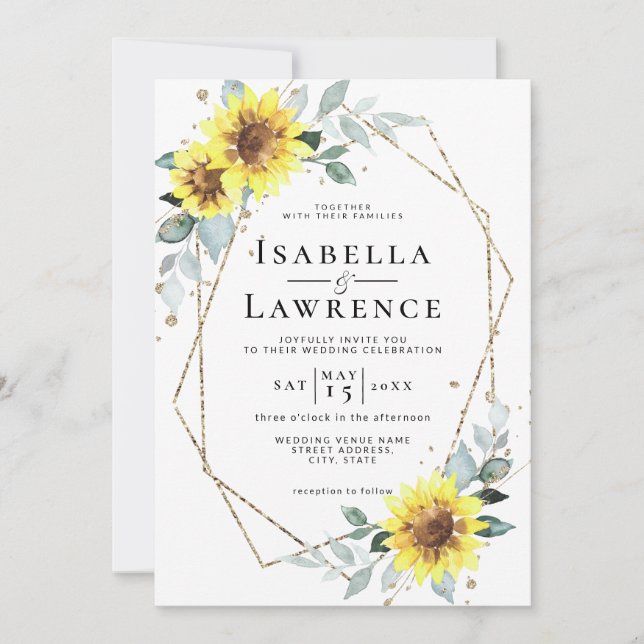 Sunflowers Rustic Floral Gold Foil Frame Wedding Invitation (Front)