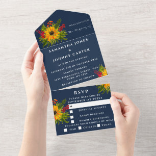 Sunflowers Rustic Navy Fall Floral Watercolor All In One Invitation