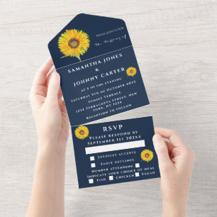 Sunflowers Rustic Navy Fall Floral Watercolor All In One Invitation