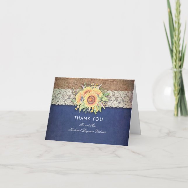 Sunflowers Rustic Navy Wedding Thank You (Front)