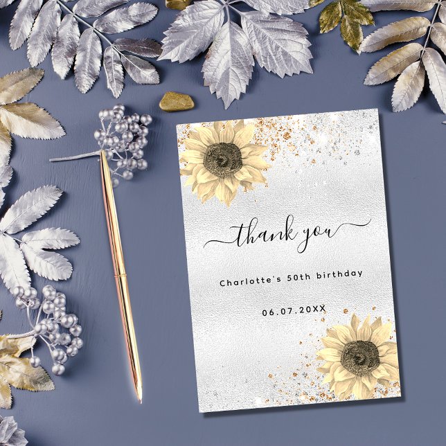 Sunflowers rustic silver go glitter thank you card (Creator Uploaded)