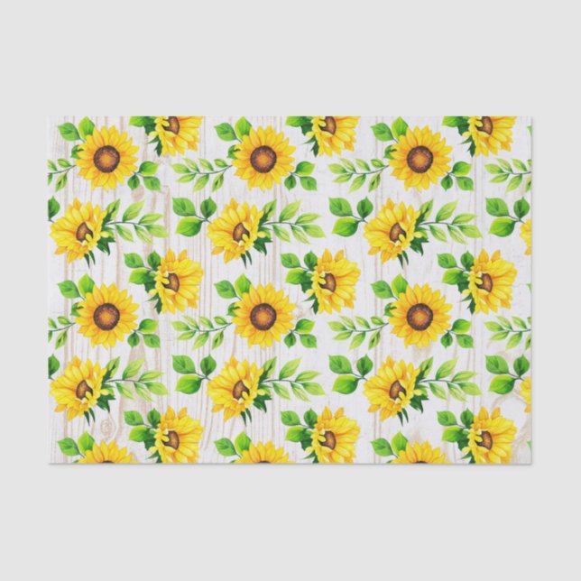Sunflowers & Rustic Wood Botanical Pattern Party Tissue Paper (Front)