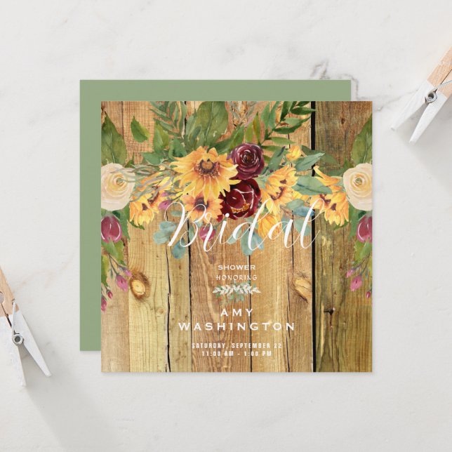 Sunflowers Rustic Wood & Green Bridal Shower  Invitation (Front/Back In Situ)