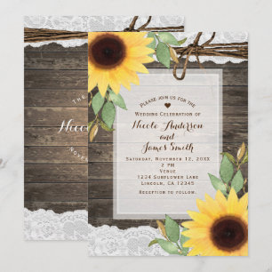 Sunflowers Rustic Wood & Lace Country Wedding Invitation