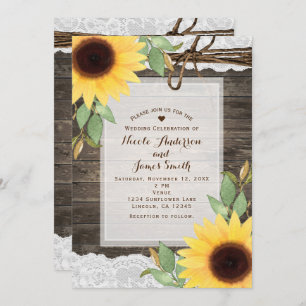 Sunflowers Rustic Wood  & Lace Country Wedding Invitation