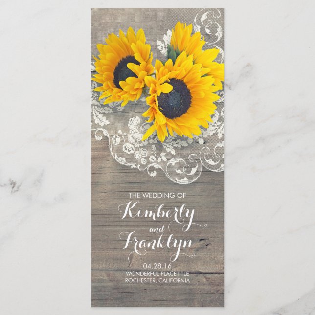 Sunflowers Rustic Wood Lace Wedding Programs Programme (Front)