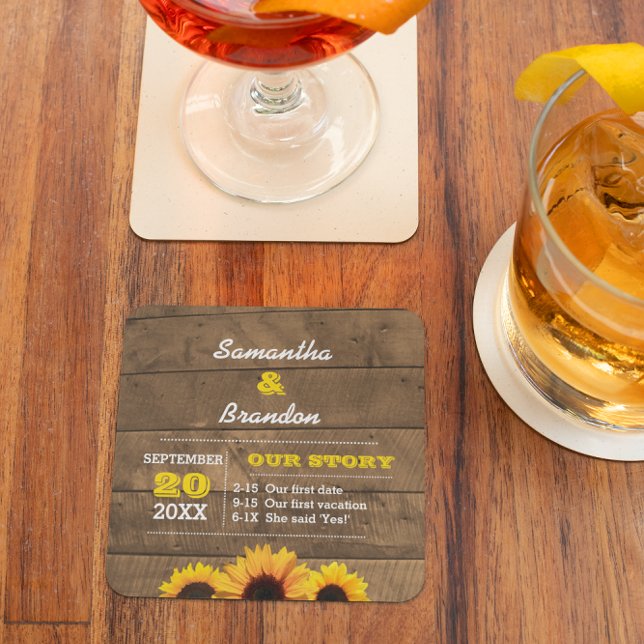 Sunflowers & Rustic Wood Personalised Wedding Square Paper Coaster (Creator Uploaded)