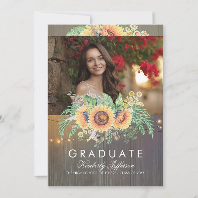 Sunflowers Rustic Wood Photo Graduation Invitation (Front)