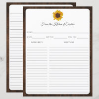 Sunflowers Rustic Wood Recipe Card Binder Insert