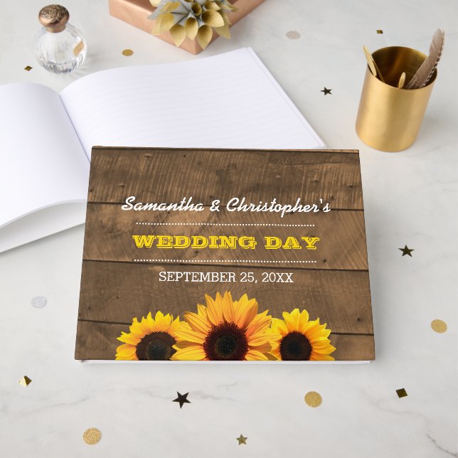 Sunflowers & Rustic Wood Wedding Guest Book (Front Open)