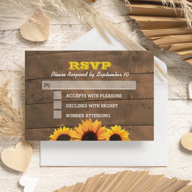 Sunflowers & Rustic Wood Wedding RSVP Card (Creator Uploaded)