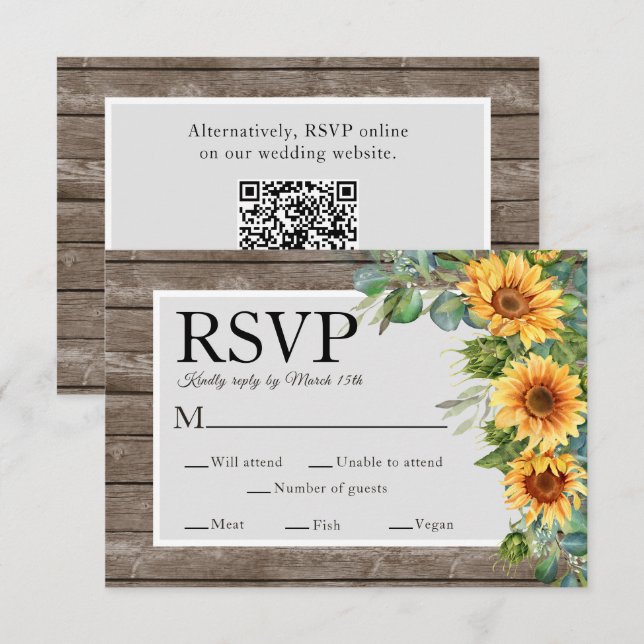 Sunflowers Rustic Wood Wedding Website QR Code RSV RSVP Card (Front/Back)