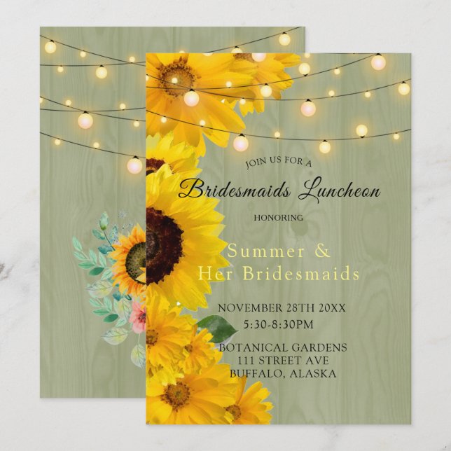 Sunflowers Sage Wood Lights Bridesmaids Luncheon Invitation (Front/Back)