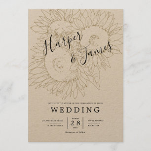 Sunflowers sketch Rustic kraft paper wedding Invitation