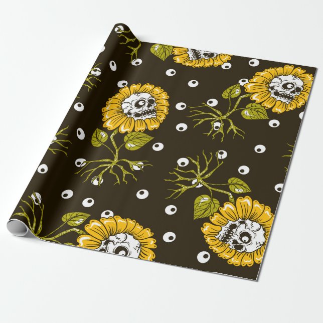 sunflowers skulls seamless pattern wrapping paper (Unrolled)