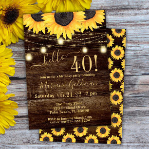 Sunflowers String Lights 40th Birthday Party Invit Invitation