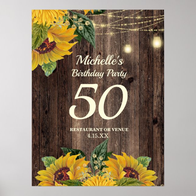 Sunflowers String Lights 50th Any Age Birthday Poster (Front)