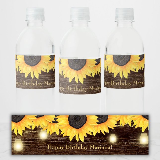 Sunflowers String Lights Birthday Party Water Bottle Label (Creator Uploaded)
