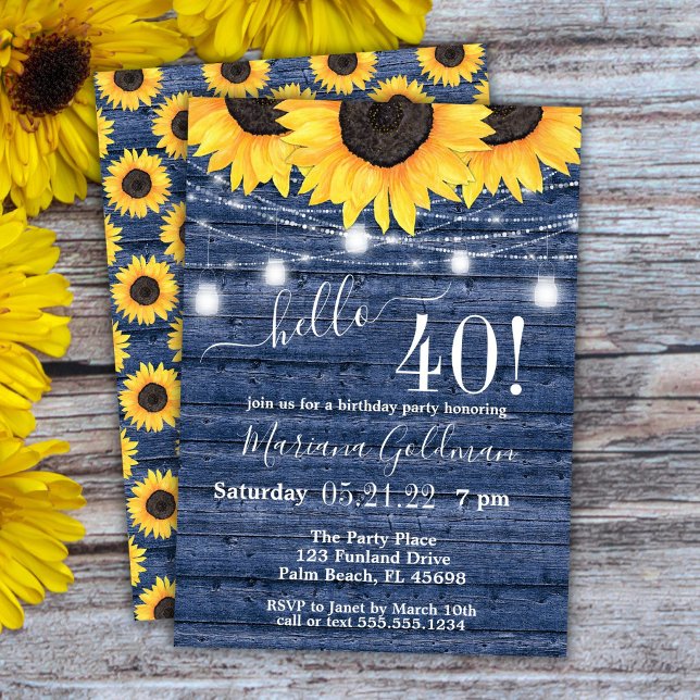 Sunflowers String Lights Blue 40th Birthday Party Invitation (Creator Uploaded)