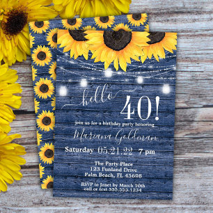 Sunflowers String Lights Blue 40th Birthday Party Invitation