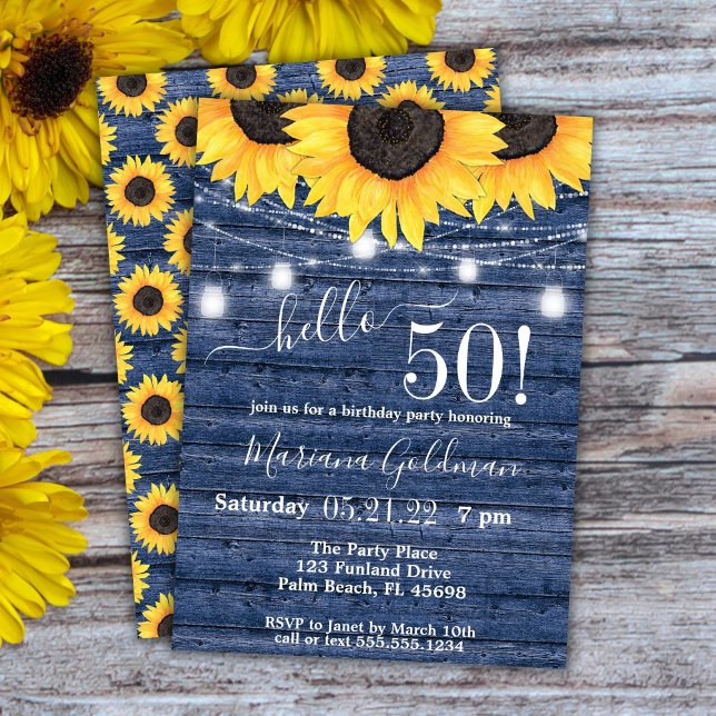 Sunflowers String Lights Blue 50th Birthday Party Invitation (Creator Uploaded)