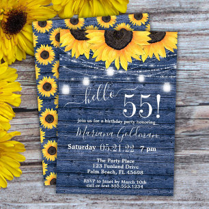 Sunflowers String Lights Blue 55th Birthday Party Invitation