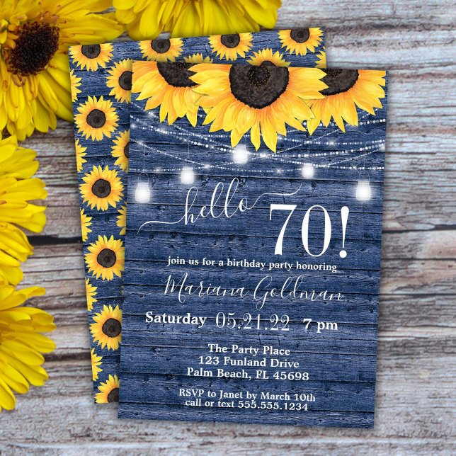 Sunflowers String Lights Blue 70th Birthday Party Invitation (Creator Uploaded)